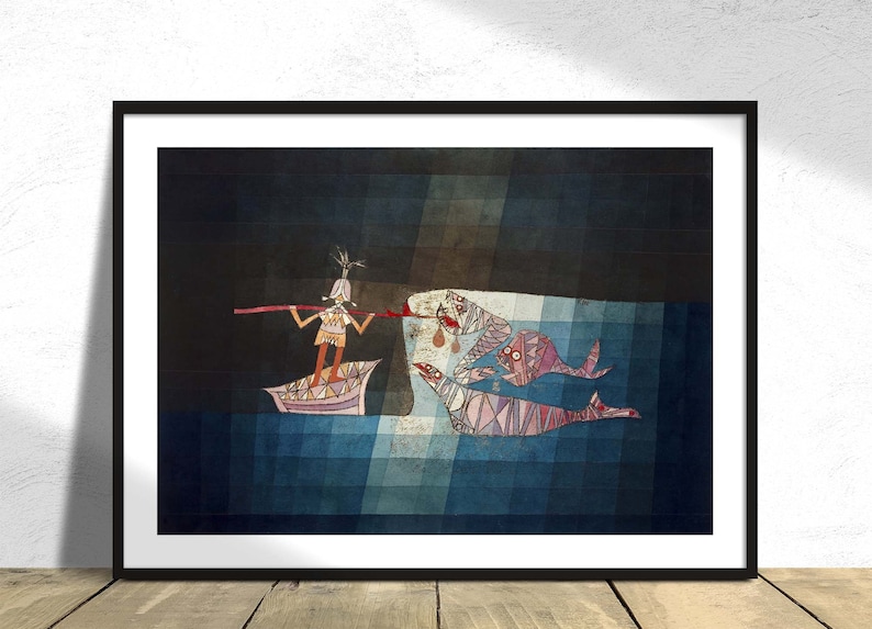 May include: A surrealist painting depicting a person in a boat with a long stick, reaching towards a group of fish with open mouths. The background is a dark blue and black with a light blue and white pattern.