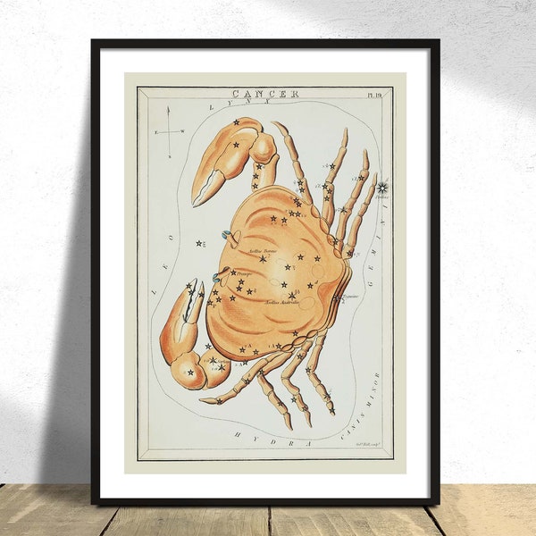 Astronomical chart illustration of the cancer zodiac. A crab forming a constellation - Sidney Hall | Constellation Poster, Astrology Print