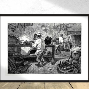 May include: A black and white illustration of a kitchen scene with three people working. One person is stirring a pot, another is standing near a large oven, and a third person is standing near a table with bottles.