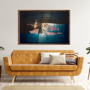 May include: A framed abstract painting depicting a person in a boat with a long pole, reaching towards two large fish in the water. The painting is set against a dark blue background with a light blue and white geometric pattern.