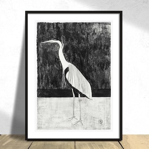 Heron (Reiger) - Samuel Jessurun de Mesquita / Stampa botanica, Uccello vintage, Riproduzione di poster, Retro, Bianco e nero, Arte degli uccelli