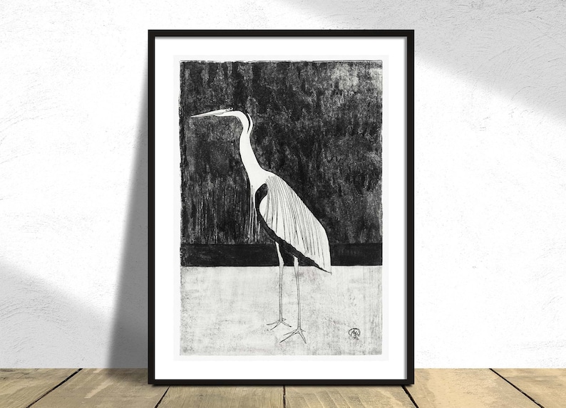 May include: Black and white illustration of a heron standing on a white surface with a dark background.