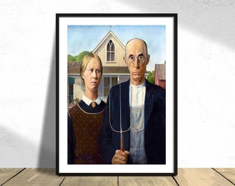 May include: A painting of a couple standing in front of a house. The man is wearing a blue jacket and overalls, and the woman is wearing a brown dress with a white collar. The man is holding a pitchfork.