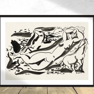 Ontwerp voor een vignet naakte vrouw en twee paard met de zee op de achtergrond - Leo Gestel | Duch Art, Vintage Print, Poster Reproduction