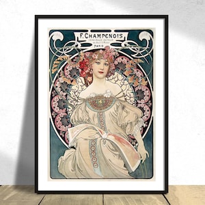 F. Champenois Imprimeur-Editeur - Alphonse Maria Mucha | Art Nouveau, plakat w stylu vintage, reprodukcja druku, kobieta z plakatem kwiatowym, Paryż