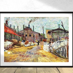 Könnte beinhalten: Ein Gemälde, das eine Fabrikszene mit einem gelben, orangefarbenen und blauen Farbschema zeigt. Die Fabrik ist aus Ziegeln gebaut und hat einen hohen Schornstein. Im Vordergrund sind Menschen und Karren zu sehen.