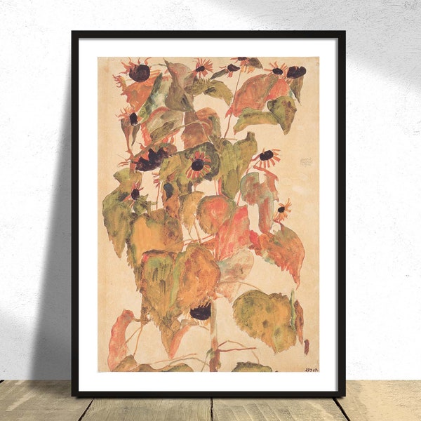 Sonnenblumen - Egon Schiele | Cartaz de girassóis, estilo expressionismo austríaco, arte de exposição, reprodução de cartaz, impressão de árvore, ideia de presente A2