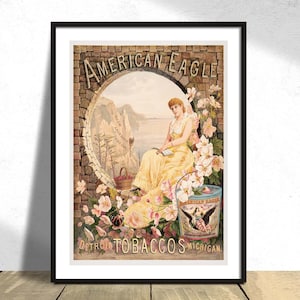 American Eagle, Kaugummi American Eagle Feinschliff, Smoke eagle Cavendish | Tabak Werbeplakat, Retro Print, alte Werbung, Vintage Frau