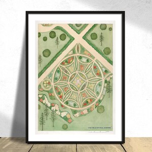 Puede incluir: Una ilustración vintage de un plano de jardín, que muestra un diseño circular con un jardín de flores central rodeado de caminos y árboles. El texto "THE BLACKWELL  SURVEY" está en la parte inferior de la imagen.
