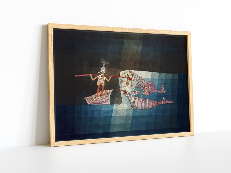 May include: A framed print of a surrealist painting depicting a person in a boat with a long stick, fishing for three fish in a dark blue sea. The fish are stylized and have a geometric pattern.