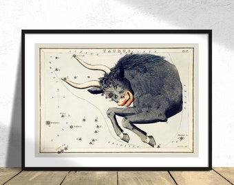 Astronomical chart illustration of the Taurus - Sidney Hall | Astrology Print, Constellation Star Map, Taurus Poster, Retro Zodiac, Animals
