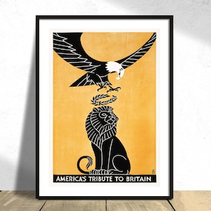 Homenaje de Estados Unidos a Gran Bretaña-Fred G. Cooper 1918/ Impresiones de la Biblioteca del Congreso, Impresión de propaganda, Primera Guerra Mundial, Cartel histórico, Águila y León