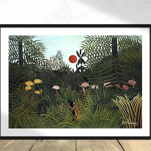 Urwald mit Sonnenuntergang - Henri Rousseau | Wald Poster, Reproduktion, Vintage Druck, Magischer Realismus, moderne Kunst, alte Illustration, Blume