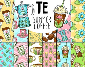 Summer Coffee Digital Papers | 12 Cafe Seamless Patterns | Iced Coffee Digital Paper Pack | Mug, Latte, French Press |  Commercial Use