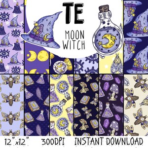 Moon Witch Digital Papers | 12 Witchy Seamless Patterns | Celestial Witchcraft Illustrations | Halloween Magic | 12 " x 12" | Commercial Use