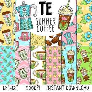 Summer Coffee Digital Papers | 12 Cafe Seamless Patterns | Iced Coffee Digital Paper Pack | Mug, Latte, French Press |  Commercial Use