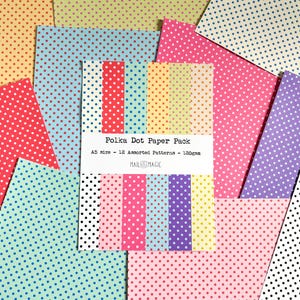 Peut inclure: Un assortiment de feuilles de papier à pois de différentes couleurs, dont le rouge, le bleu, le rose et le jaune. Le paquet de papier comprend divers motifs et le texte "Polka Dot Paper Pack".