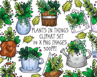 Plants in Things Clipart Set. 14 PNG Images. Hand Drawn Kawaii Botanical Clip Art. Cottagecore Aesthetic Plant Printable. Commercial Use