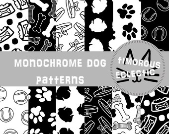 Dog Digital Paper Pack 12x12" 300dpi Monochrome Dog Lover Puppy Bones Paws Bowl Background Pattern Scrapbook Digital Download Commercial Use