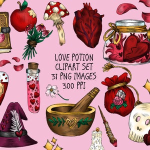 Love Potion Clipart Set. 31 x PNG Images. Hand Drawn Witch Clip Art. Pagan, Wiccan, Witchcraft Ideas, Grimoire Printable. Commercial Use