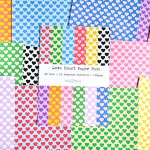 May include: A collection of A5-sized paper sheets with heart patterns in various colors, including yellow, blue, green, and pink. The text "Love Heart Paper Pack" is visible, along with size and weight details. The paper has 12 assorted patterns.