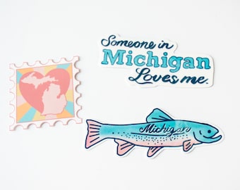 Michigan Sticker Set, Trout, Heart Stamp, Great Lakes Souvenir