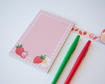 Strawberry Notepad 4x6" Cute Pink Gingham To-Do List Notebook Stationery Retro Vintage Cottagecore 50 pages Kitchen Desk Gift