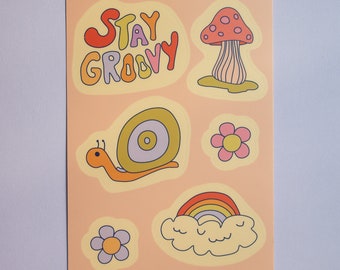Retro Sticker Sheet: Groovy Snail, Mushroom, Rainbow Vinyl Decals
