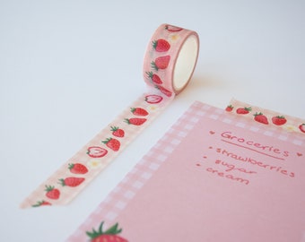 Strawberry Washi Tape 2 cm x 5m Cute Pink  Gingham Cottagecore Decorative Tape Gift