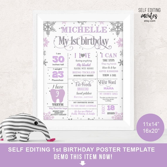 Winter ONEderland, 1st Birthday Poster girl, 1st birthday sign, Winter Birthday, First Birthday Poster, Milestone, 1 year poster, lavender Il_570xn