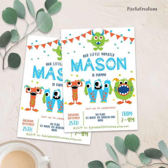 Little Monster Birthday Invitation, Boy, 2nd birthday invitation, Printable, Monster BIrthday Invite, for Second birthday, Editable Text Il_570xn