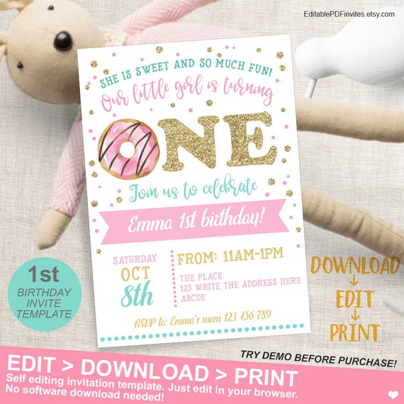 Donut Invitation, First Birthday, Donut Party, 1st Birthday Invites, Sweet Celebration, Instant Download, Editable, Invitation Template Il_570xn
