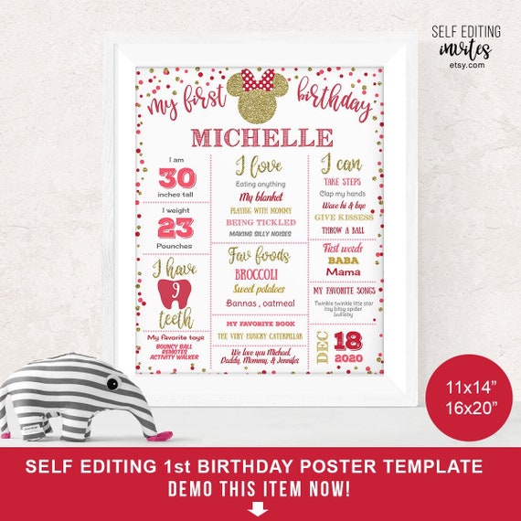 Red and gold, Minnie Mouse, Milestone Birthday Poster, Minnie Mouse 1st Birthday Poster, Baby Girl, First Birthday Poster, Self Editing Il_570xn