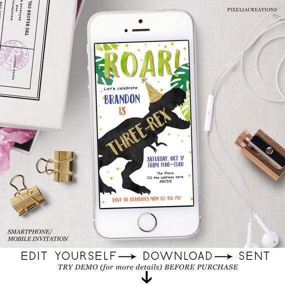 Dinosaur, T-rex, Smartphone Invitation, 3rd birthday, Mobile invitation, Three-rex, Electronic invitation, Instant download. Il_570xn