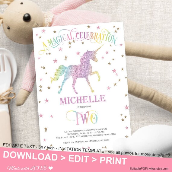 magical unicorn second birthday invitation girl unicorn party