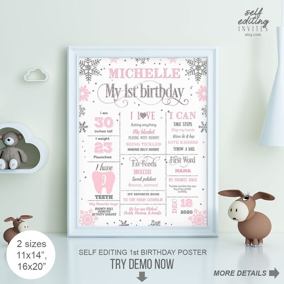 Winter ONEderland, 1st Birthday Poster girl, 1st birthday sign, Winter Birthday, First Birthday Poster, Milestone, 1 year poster, Baby Girl Il_570xn