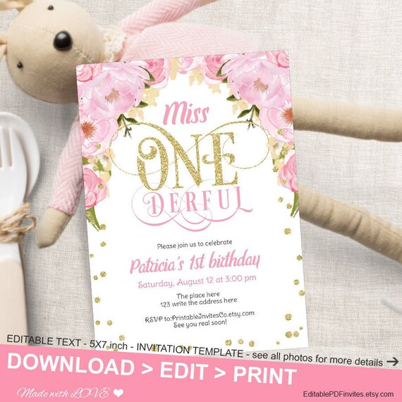 Miss Onederful, Pink and Gold, 1st Birthday Invitation for Girl, Miss Onederful Birthday, First Birthday Girl, Instant Download, Floral Il_570xn