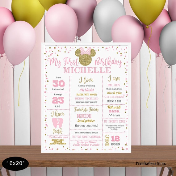 Pink and gold, Minnie Mouse, Milestone Birthday Poster, Minnie Mouse 1st Birthday Poster, Baby Girl, First Birthday Poster, Self Editing Il_570xn