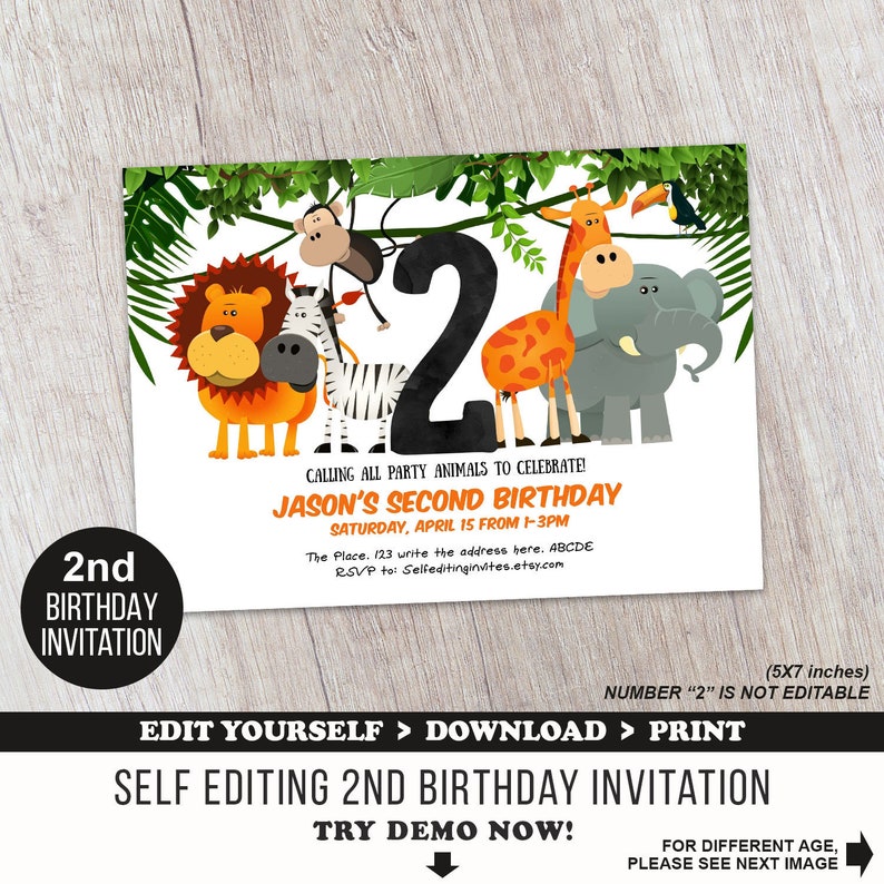 Boy Second Birthday Invitation Safari Jungle Animals Etsy