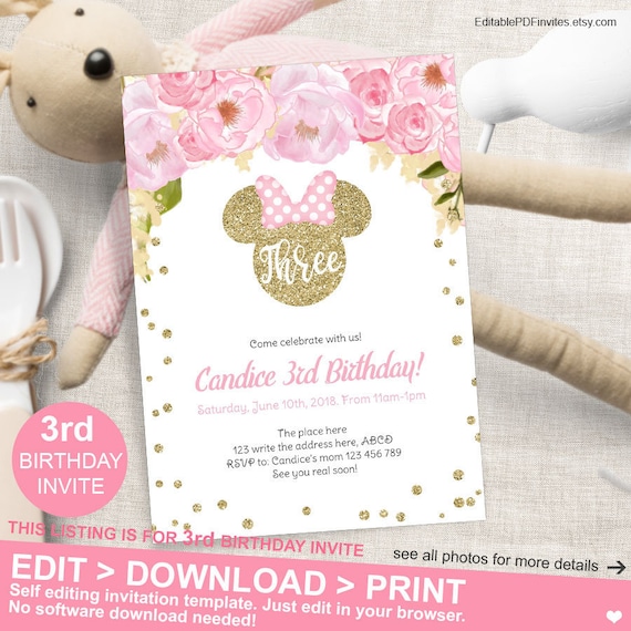 Minnie Mouse, 3rd Birthday, Pink and Gold, Flower, Invitation, Gold Glitter, Minnie Invitation, Third Birthday, Invite, Instant Download,5x7 Il_570xn