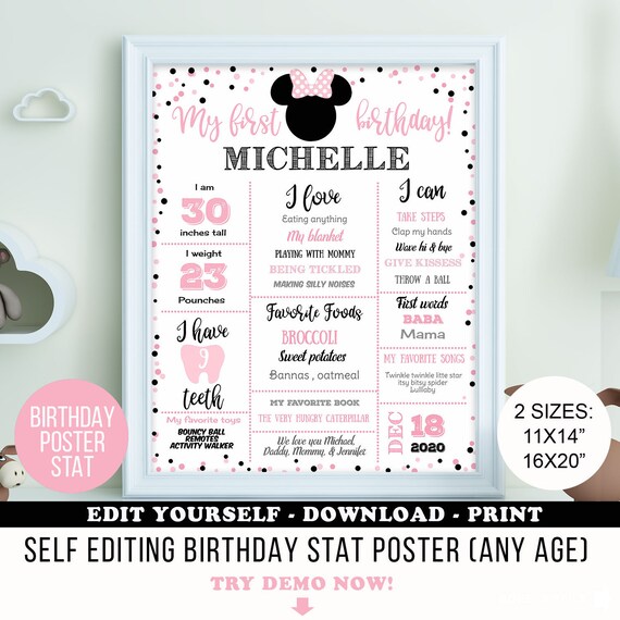 Pink and black, Minnie Mouse, Milestone Birthday Poster, Minnie Mouse 1st Birthday Poster, Baby Girl, First Birthday Poster, Self Editing Il_570xn