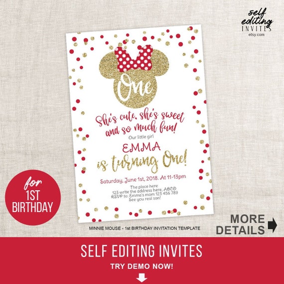 Minnie Mouse First Birthday Invitation Red And Gold Polka Dots