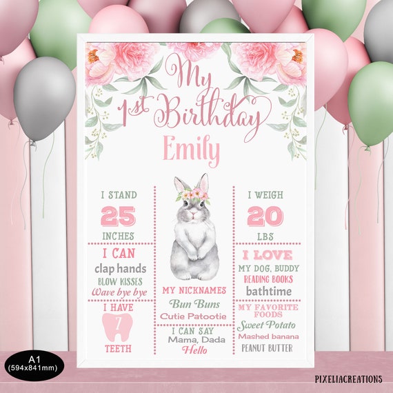Bunny, Spring Birthday, Girl, 1st birthday milestones poster, Printable, First birthday, Stat poster for Girl, Instant Download, A1" Il_570xn