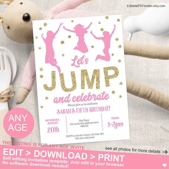 Pink and Gold, Jump Birthday, Party Invitation, Trampoline Party, Gold Glitter, Girl, Invitation Template, Instant Download, Editable, PDF Il_570xn