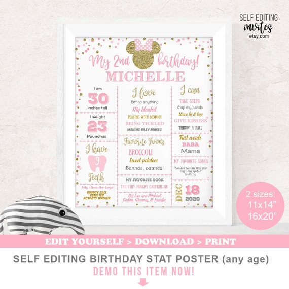 Minnie Mouse, Birthday Stat Poster, Pink and gold, Girl, Minnie Mouse Birthday Decorations, Printable, Instant Download, Self Editing Il_570xn