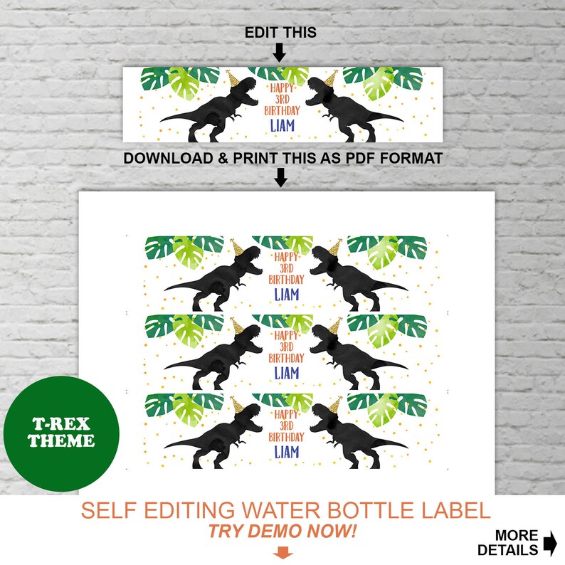 dinosaur three rex water bottle label printable template