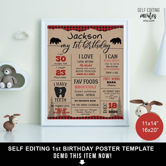 Wild One, Buffalo Plaid, Lumberjack, 1st Birthday Poster, One year stat Poster, for Baby Boy, Wild One Birthday Poster, Self Editing, PDF Il_570xn