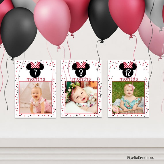 Minnie Mouse, Girl 1st birthday, 12 months photo banner, Minnie Mouse themed, 1st birthday decoration, Printable, Instant download Il_570xn