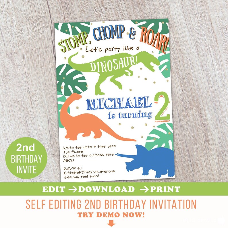 2nd Birthday Dinosaur Birthday Invitation Dinosaur Etsy