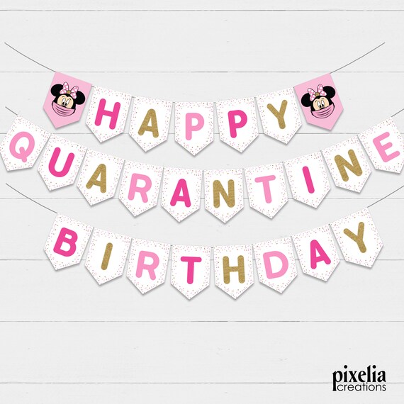 Happy Quarantine Birthday Banner, Pink and Gold, Minnie Mouse Themed, Girl, Birthday Decoration, Printable Banner, Instant Download Il_570xn